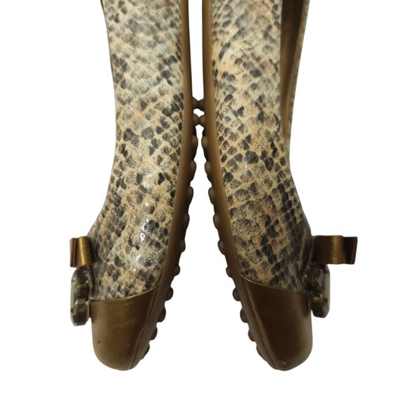 Libby Edelman Snakeskin Print Flats Women 8.5 M Golden Bronze Bow Toe Rhinestone - Picture 15 of 16